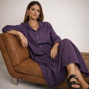 OFFON Linen Midi Shirt Dress Plum Purple Sz M $189 {H45}